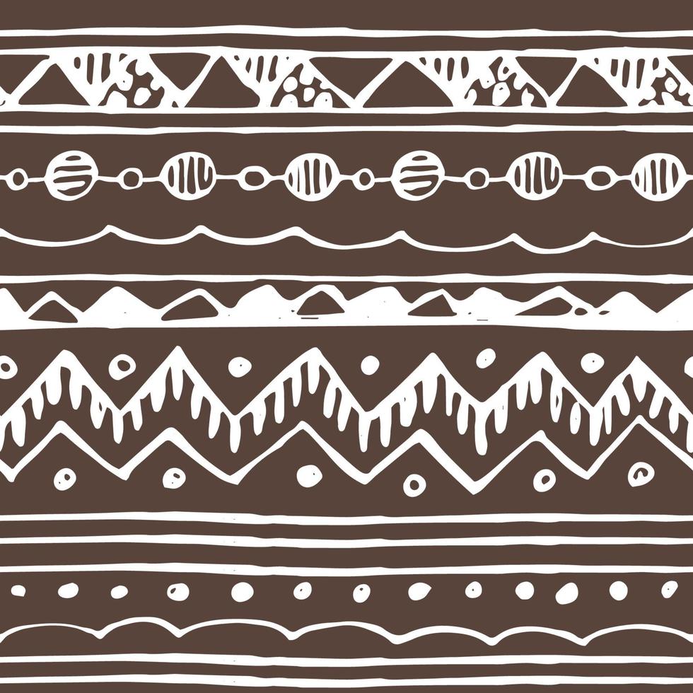 Brown white abstract border seamless pattern. Vector hand drawn linear on brown background