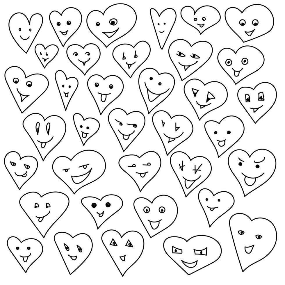 Set of contour cute hearts with smiles, positive emotive love symbols, coloring page to Valentine's day vector