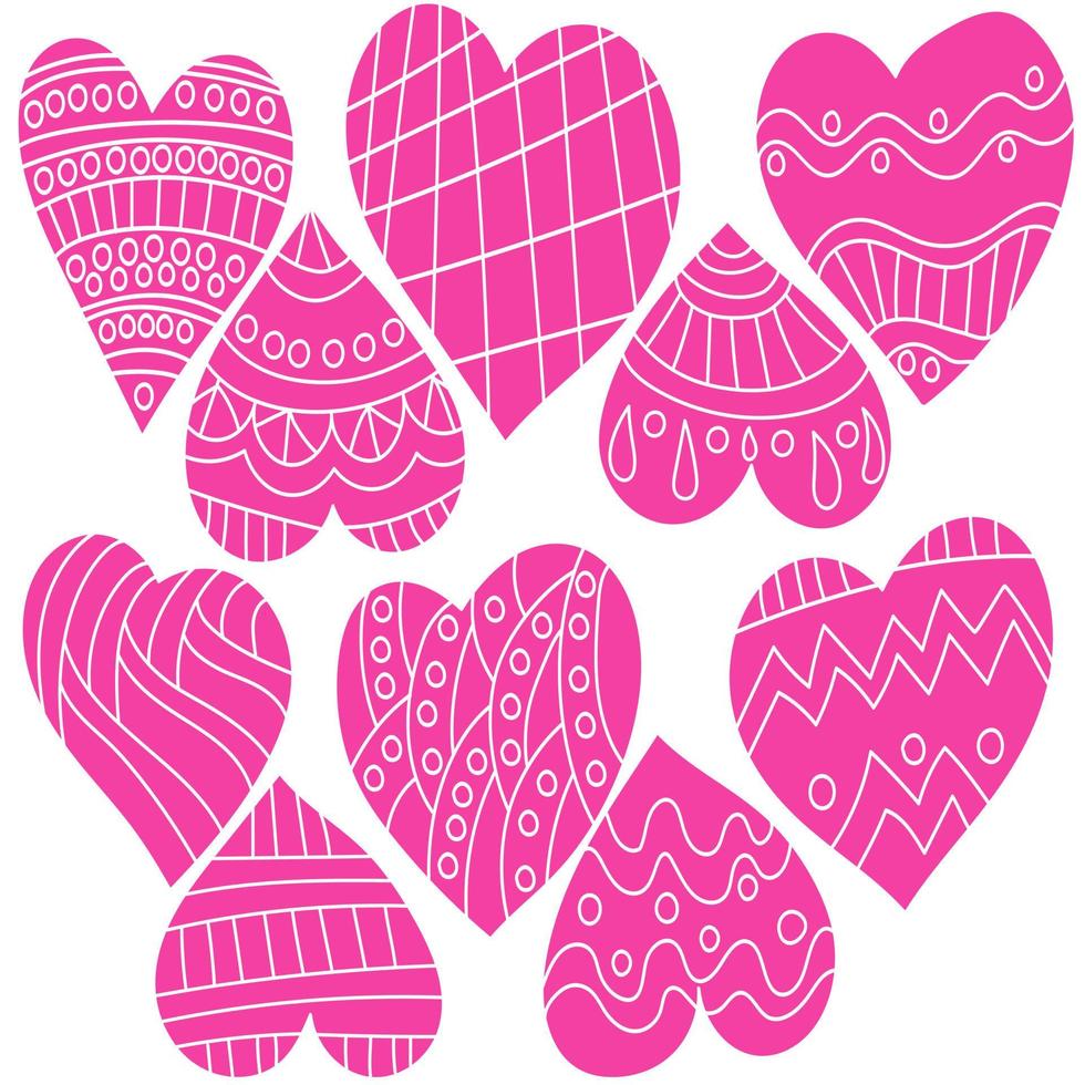 Set of pink prints of hearts with curls and stripes, valentines for the holiday vector