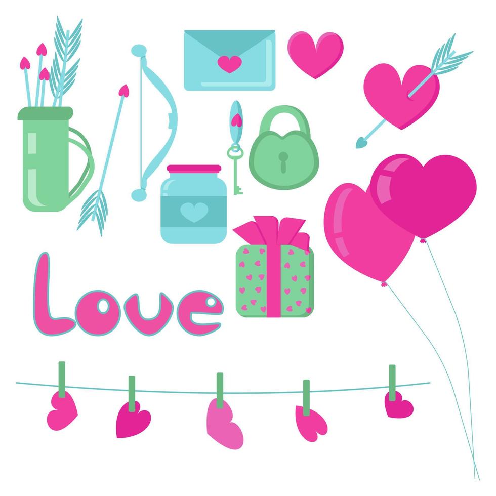 Atributos del día de San Valentín, imágenes prediseñadas de amor de doodle para decoración en estilo plano vector