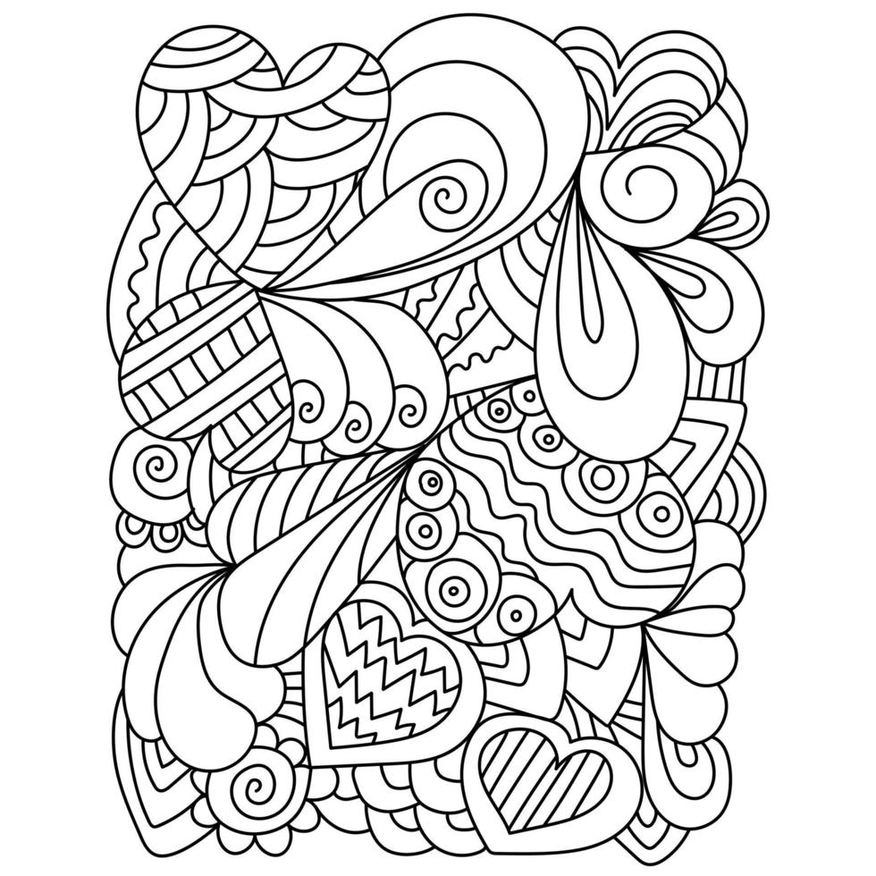 Anti stress coloring page with hearts and ornate patterns, outline drawing for Valentine's day vector