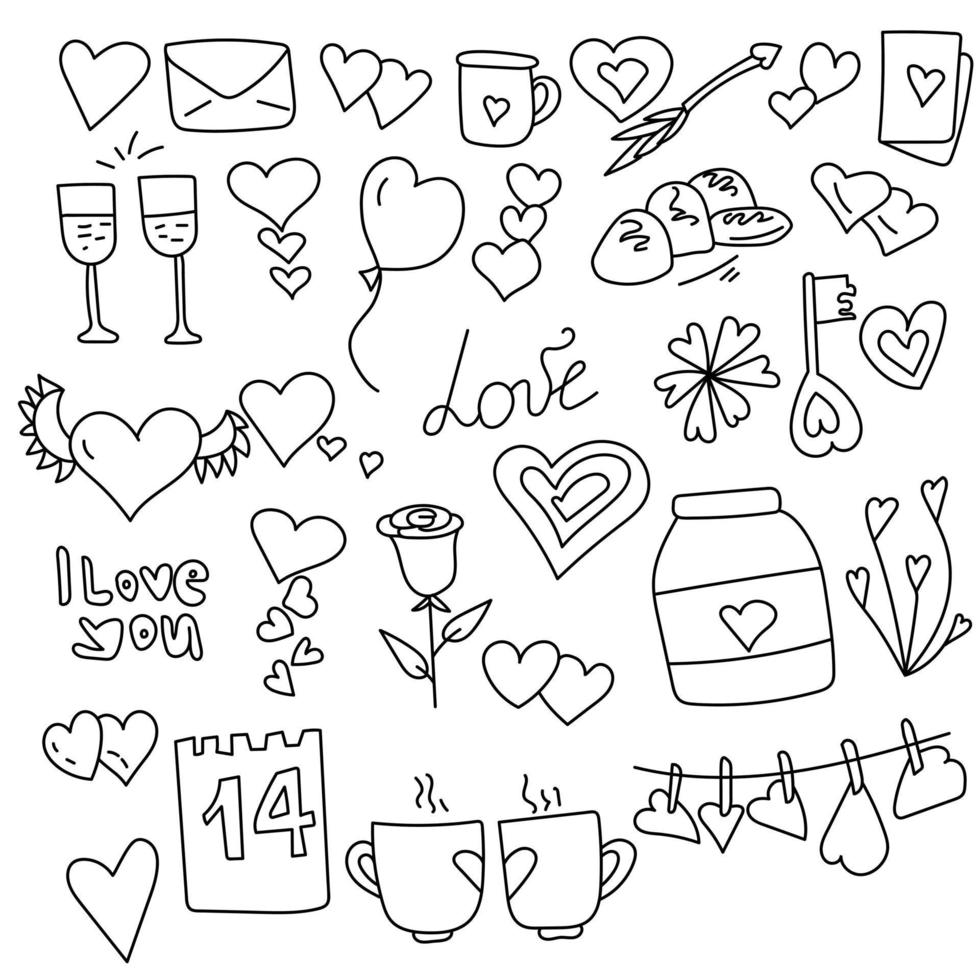 Set of doodles for Valentine's day, soap and simple attributes in outline style, coloring page vector