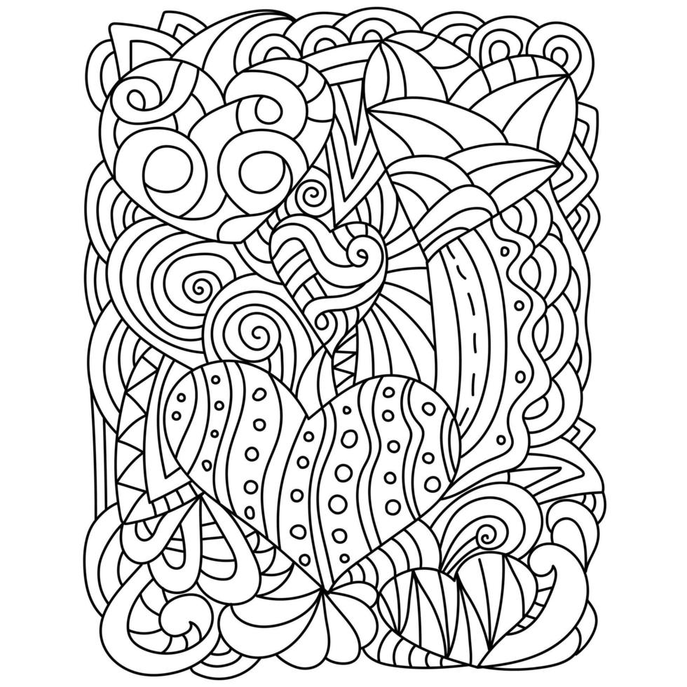 Coloring page with patterns and hearts for Valentine's day, abstract anti stress drawing vector