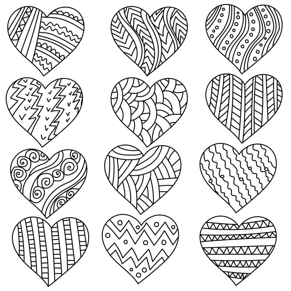 conjunto de corazones de doodle con patrones, página para colorear antiestrés con contorno zen valentines para el día de san valentín vector