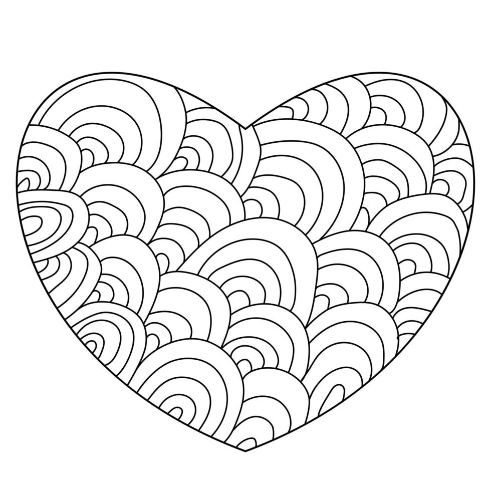 Heart with arched patterns, antistress coloring page with simple zen patterns vector