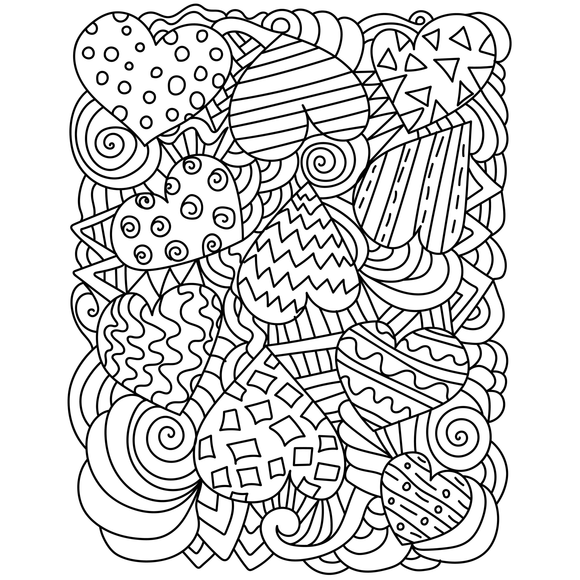 Antistress Coloring Page With Hearts And Ornate Patterns Linear Contour Curls And Waves For Meditative Coloring Or Valentine S Day Vector Art At Vecteezy