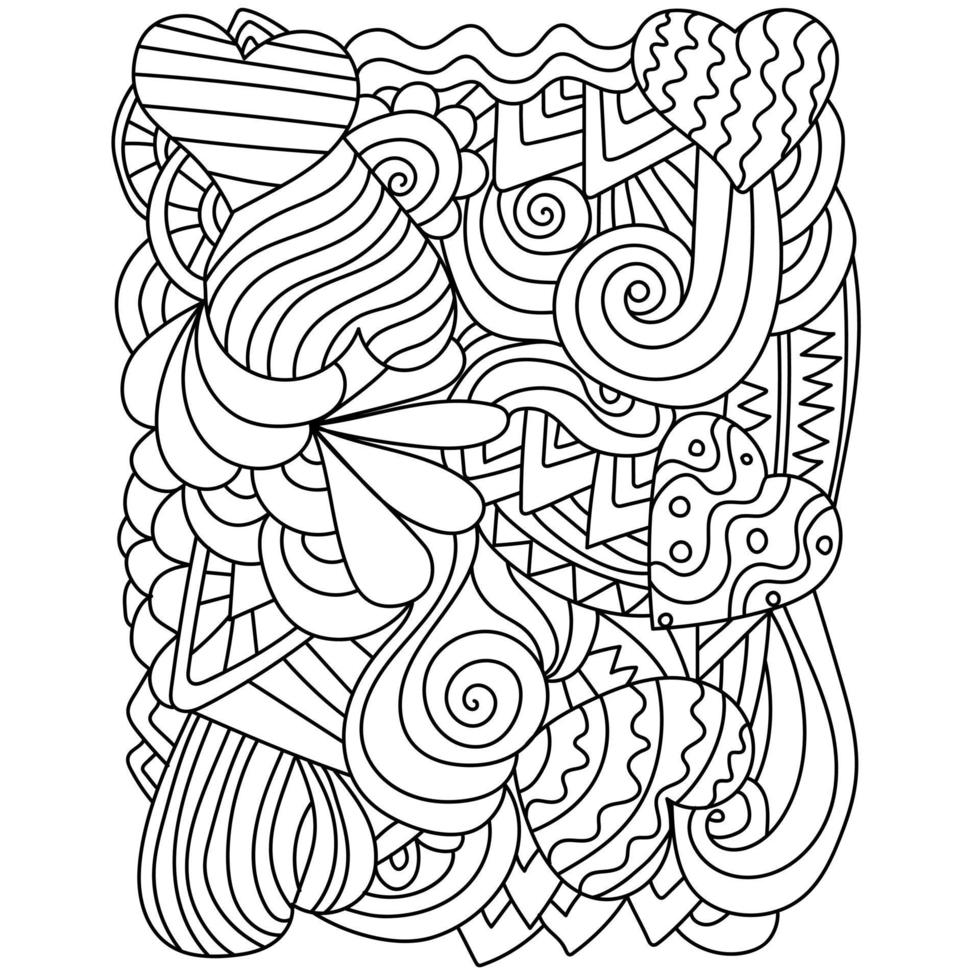 Ornate coloring page with hearts and wavy patterns, atystress tangled valentine's day illustration vector