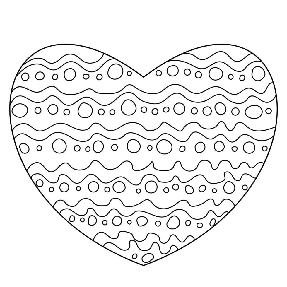 Coloring page heart shaped with waves and circles, Valentine card with simple patterns vector