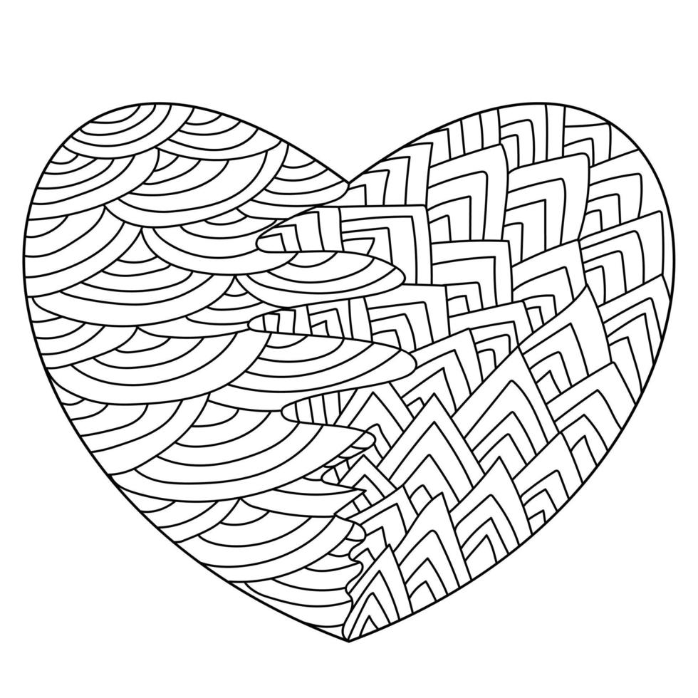 Heart with two types of patterns, zen coloring page with simple angular and rounded lines vector