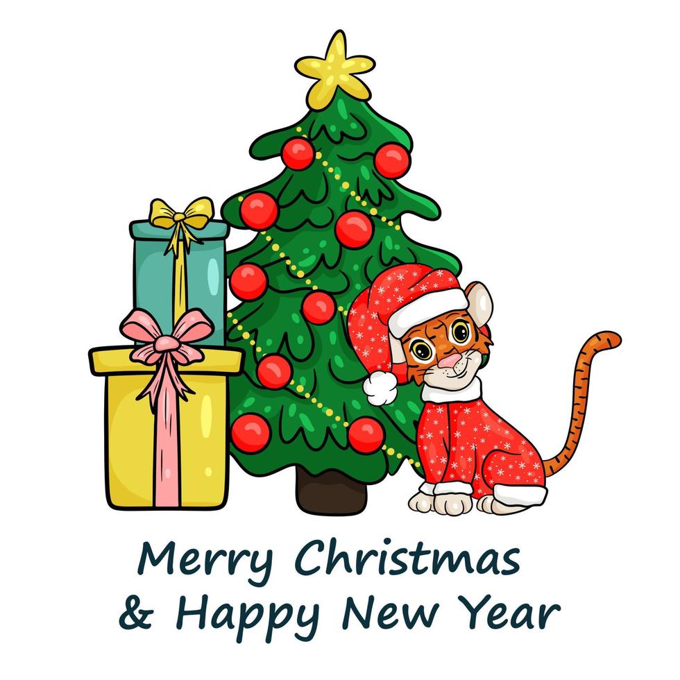 feliz navidad y año nuevo tarjeta de felicitación. tigre en traje rojo de  Navidad bajo el árbol de Navidad con regalos. estilo de dibujos animados de  ilustración vectorial 3619278 Vector en Vecteezy