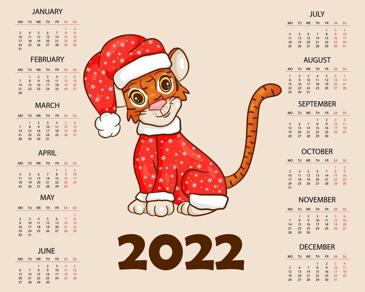 plantilla de diseño de calendario para 2022, el año del tigre según el calendario chino o oriental, con una ilustración del tigre. tabla horizontal con calendario para 2022. vector