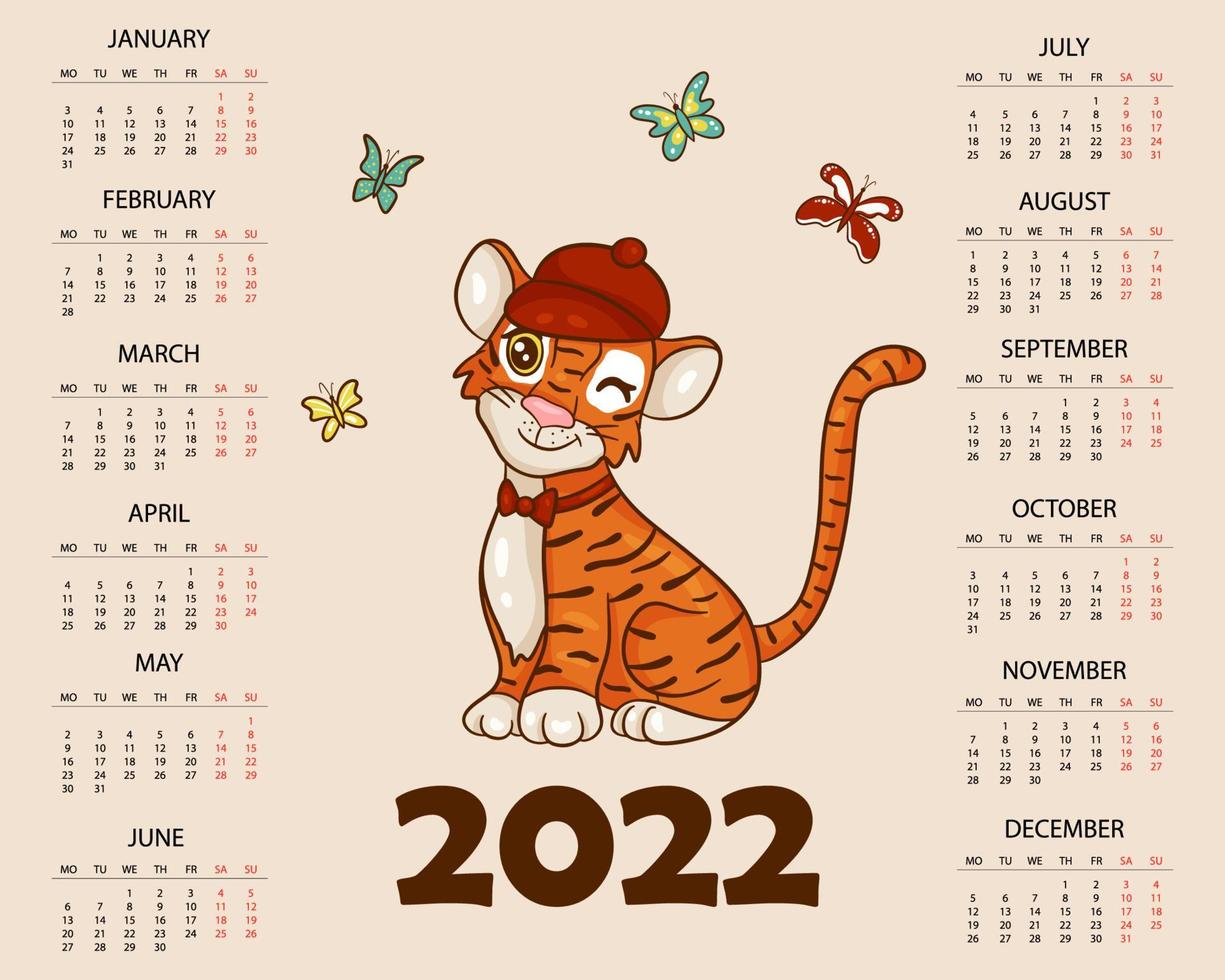 Calendar design template for 2022, the year of the tiger according to the Chinese or Eastern calendar, with an illustration of the tiger. Horizontal table with calendar for 2022. Vector