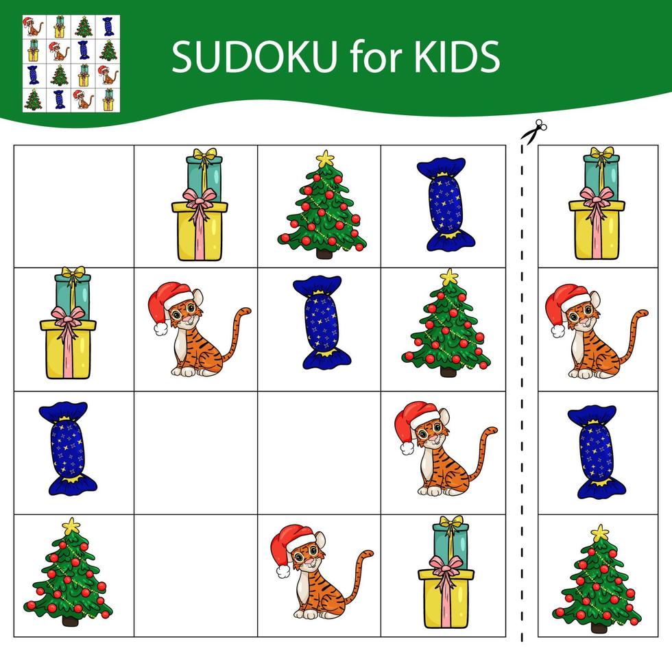 Sudoku game for kids with pictures. Merry Christmas and Happy New Year. The tiger is a symbol of the Chinese New Year with Christmas elements. Vector. vector