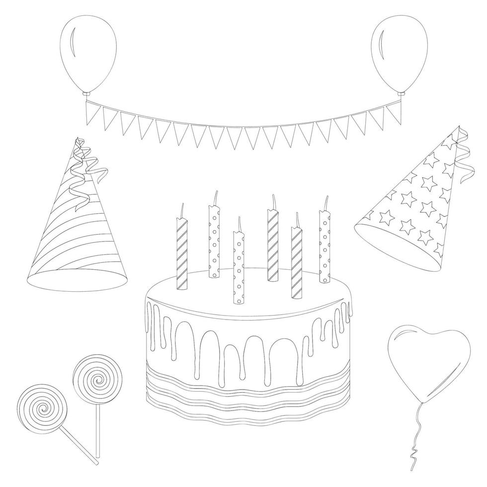 Birthday party elements set, line art vector elements