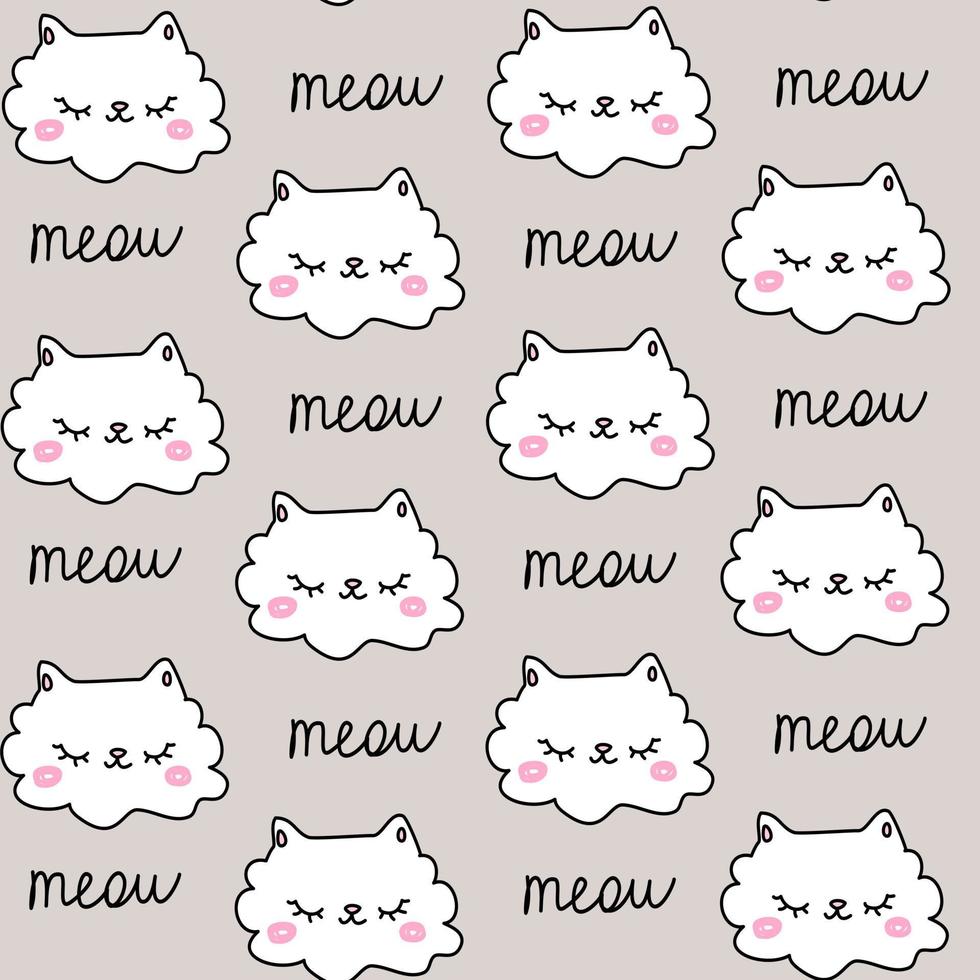 Cute white cat meow pattern seamless brown. Paper with a pet for children. vector