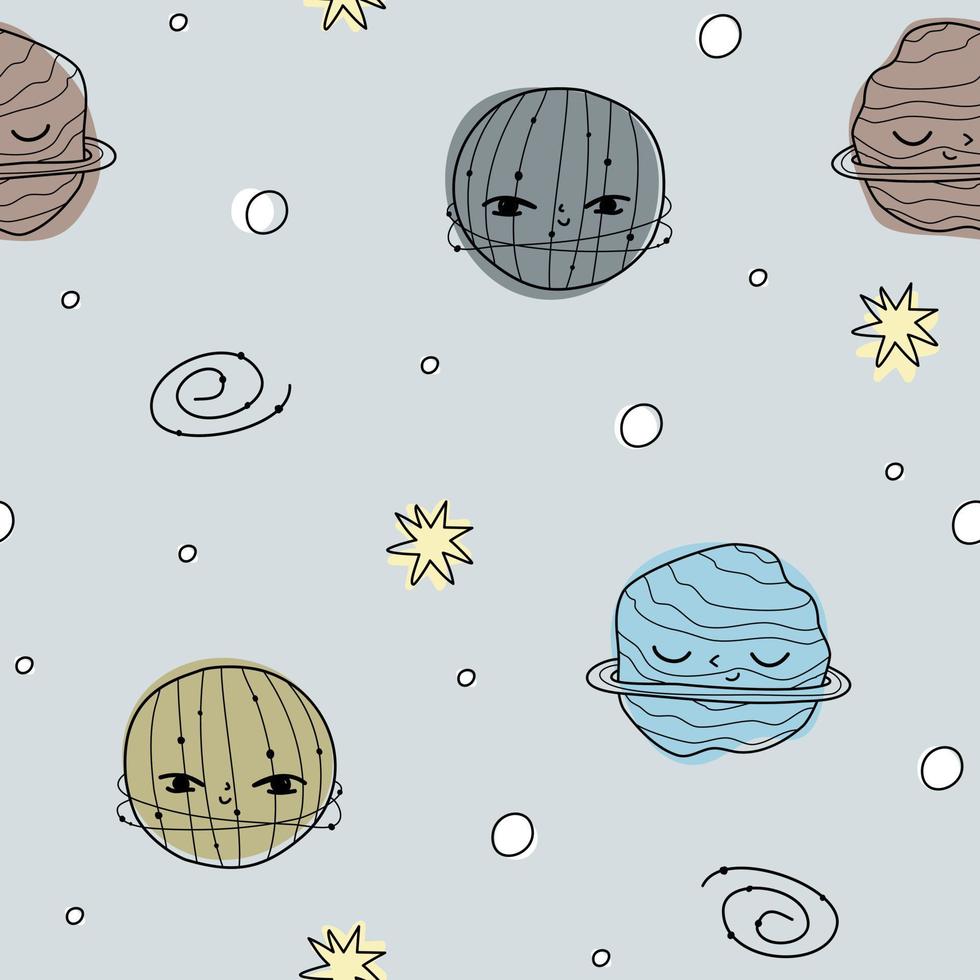 lindo patrón con planetas y estrellas en el espacio. papel azul para scrapbooking doodle cosmos. vector