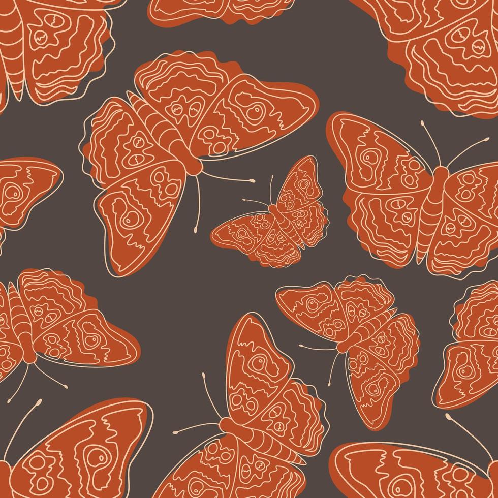 Doodle line red butterflies brown pattern cute seamless. vector