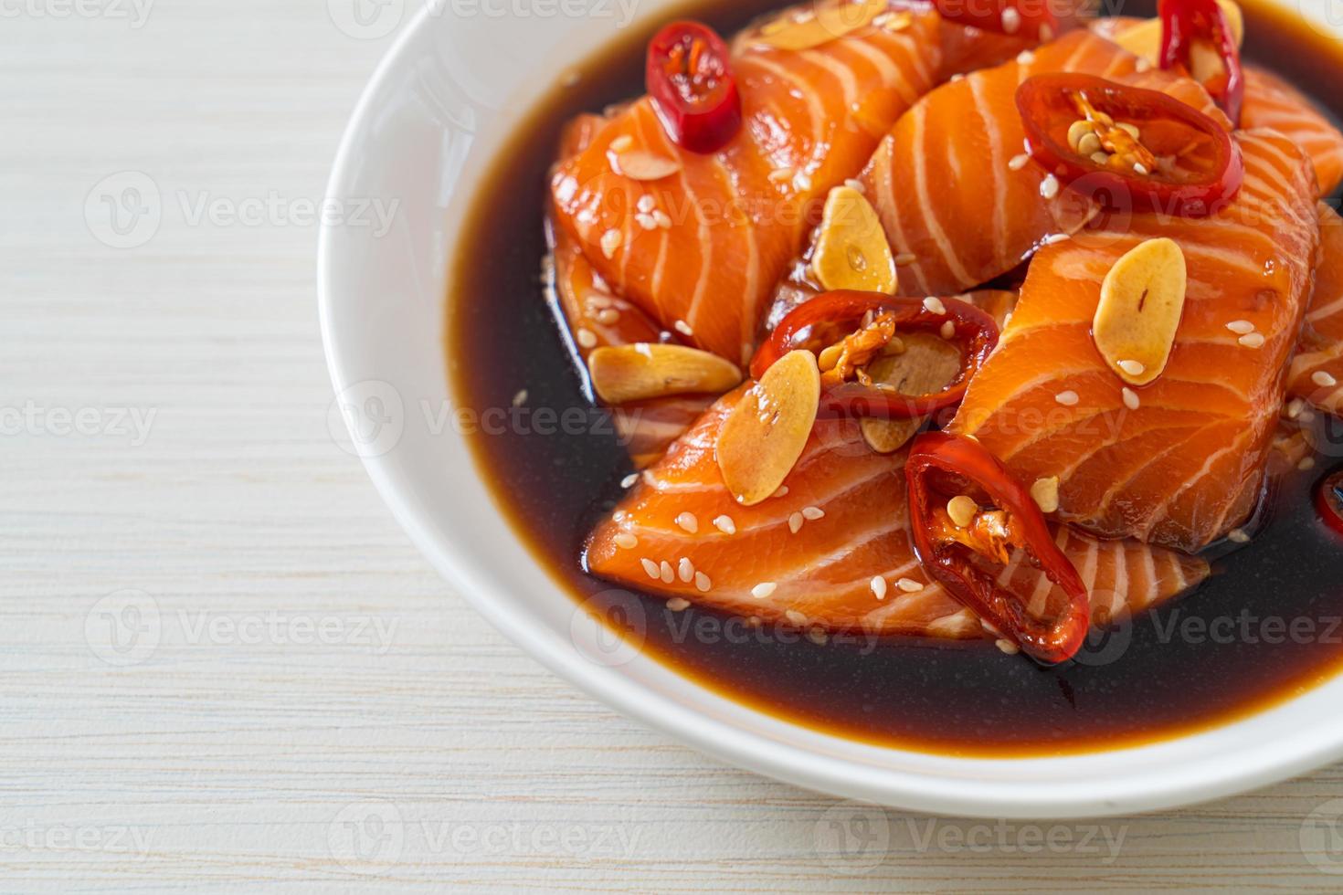 fresh salmon raw pickled in shoyu sauce photo