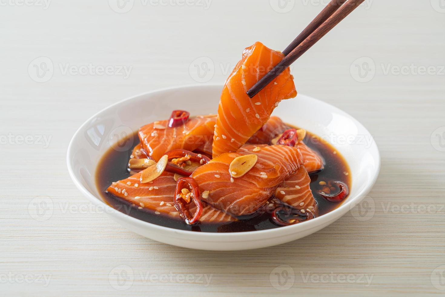 fresh salmon raw pickled in shoyu sauce photo