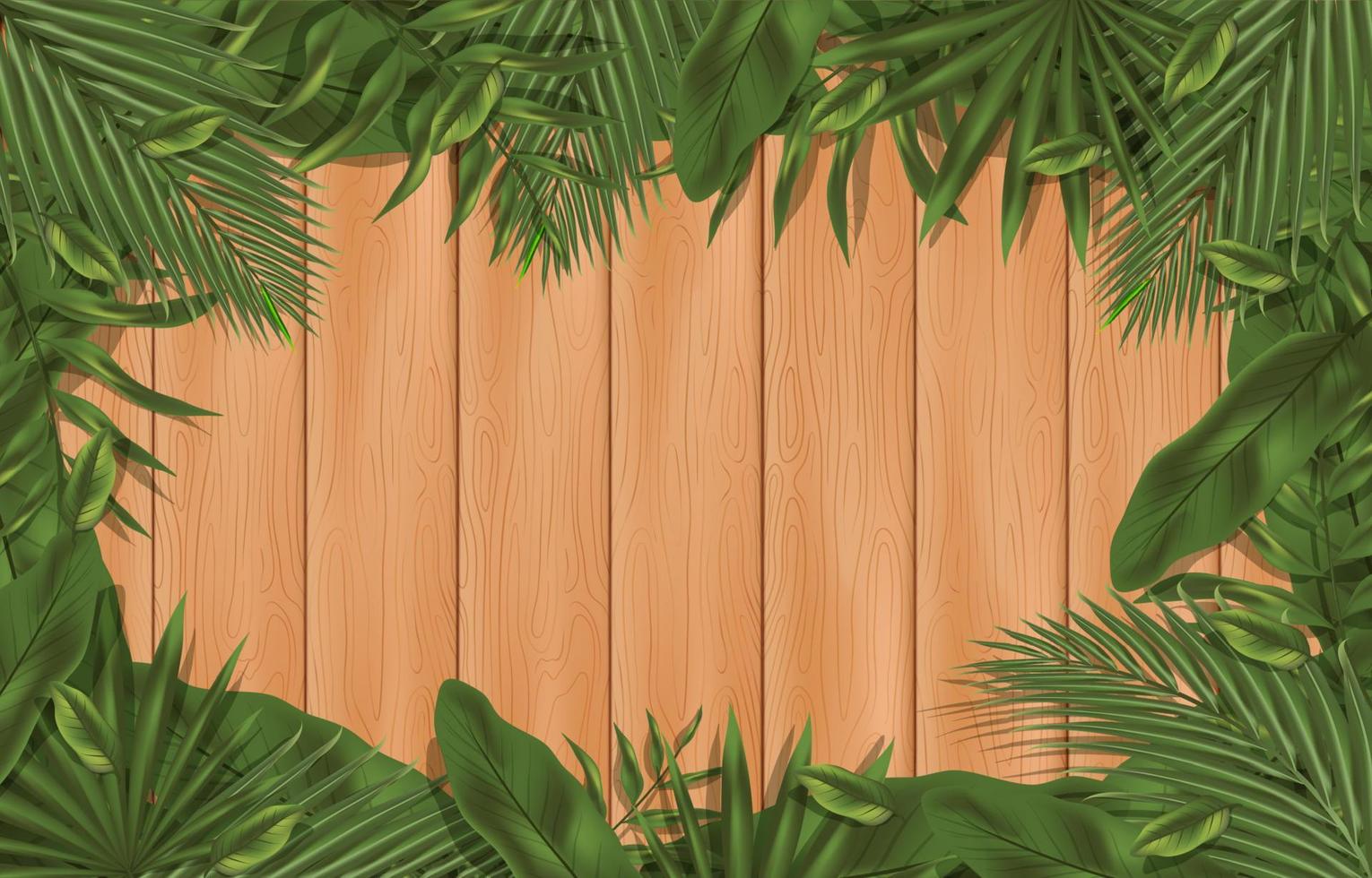 plantilla de fondo de madera y follaje tropical vector