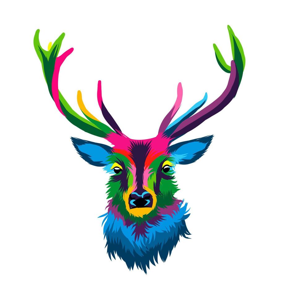 Red deer head portrait from multicolored paints. Splash of watercolor, colored drawing, realistic. Vector illustration of paints