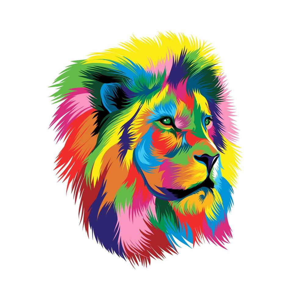 Lion head portrait from multicolored paints. Splash of watercolor, colored drawing, realistic. Vector illustration of paints