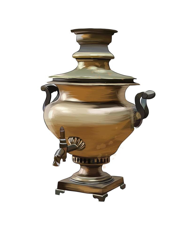 Samovar de cobre antiguo de pinturas multicolores. salpicadura de acuarela, dibujo coloreado, realista. una tetera rusa funciona con leña. ilustración vectorial de pinturas vector