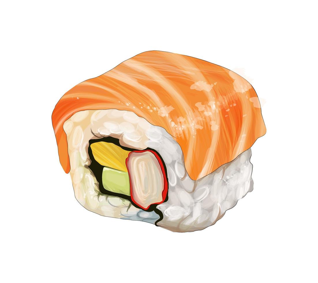 Traditional Japanese cuisine, japanese sushi, maki sushi with salmon, cucumber, soft cheese, Sushi roll, roll philadelphia from multicolored paints. Vector illustration of paints