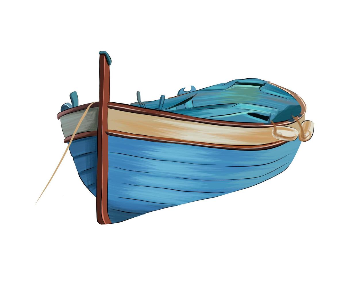 Wooden fishing boat from multicolored paints. Splash of watercolor, colored drawing, realistic. Vector illustration of paints