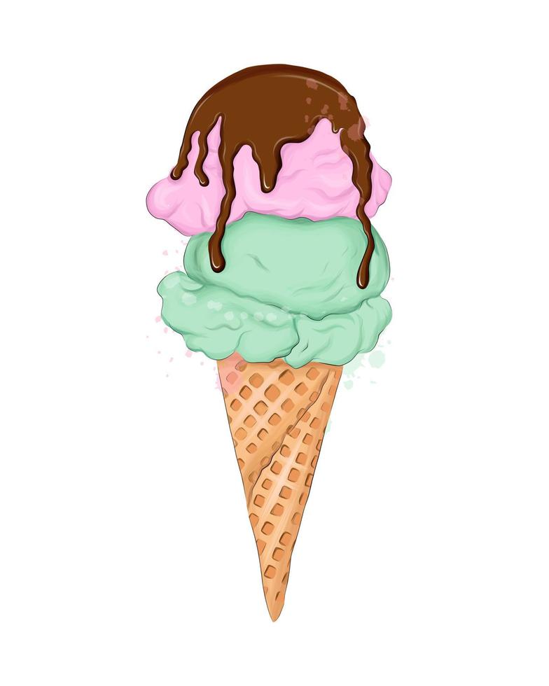 Ice cream cones from multicolored paints. Splash of watercolor, colored drawing, realistic. Vector illustration of paints