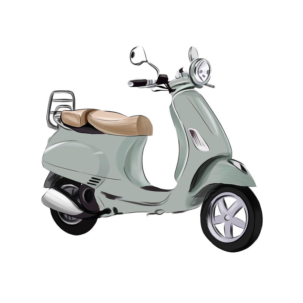 Vintage, retro scooter from multicolored paints. Splash of watercolor, colorful drawing, realistic. Vector illustration of paints