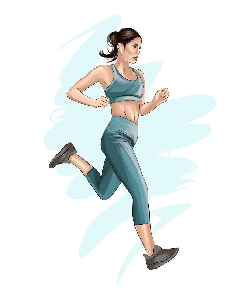 Corredor de mujer deportiva de pinturas multicolores, dibujo coloreado, deporte y estilo de vida saludable. ilustración vectorial de pinturas vector