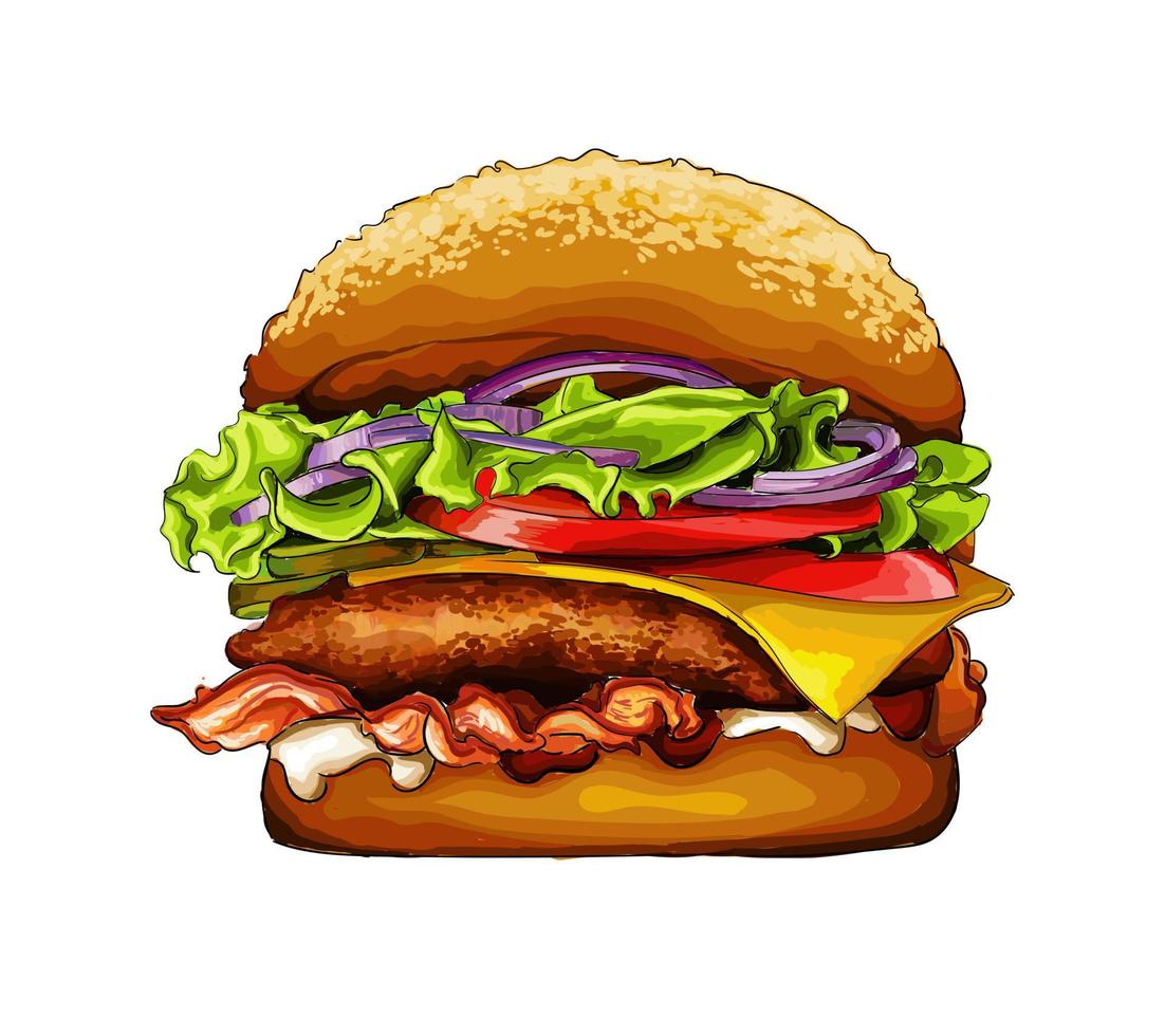 Burger from multicolored paints. Splash of watercolor, colored drawing, realistic. Vector illustration of paints