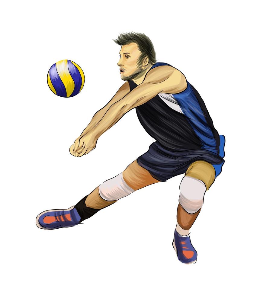 Volleyball player from multicolored paints. Splash of watercolor, colored drawing, realistic. Vector illustration of paints