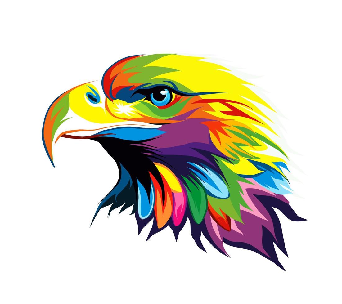 Bald eagle head portrait from multicolored paints. Splash of watercolor, colored drawing, realistic. Vector illustration of paints