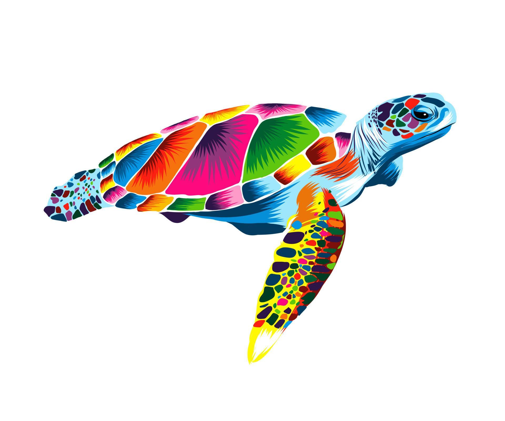 Sea turtle from multicolored paints. Splash of watercolor, colored