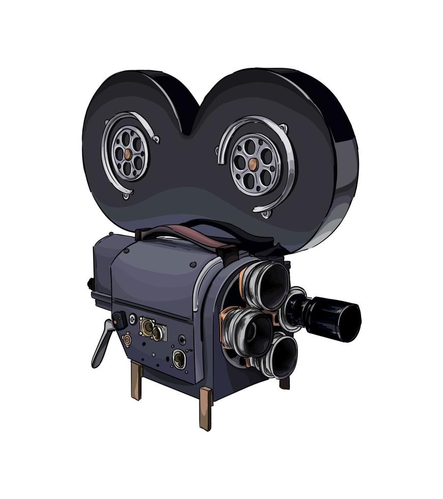 Vintage movie camera, hand-held movie projector, mechanical camera from multicolored paints. Splash of watercolor, colored drawing, realistic. Vector illustration of paints