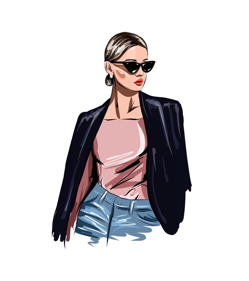 Beautiful fashion woman in sunglasses, stylish girl from multicolored paints. Splash of watercolor, colored drawing, realistic. Vector illustration of paints