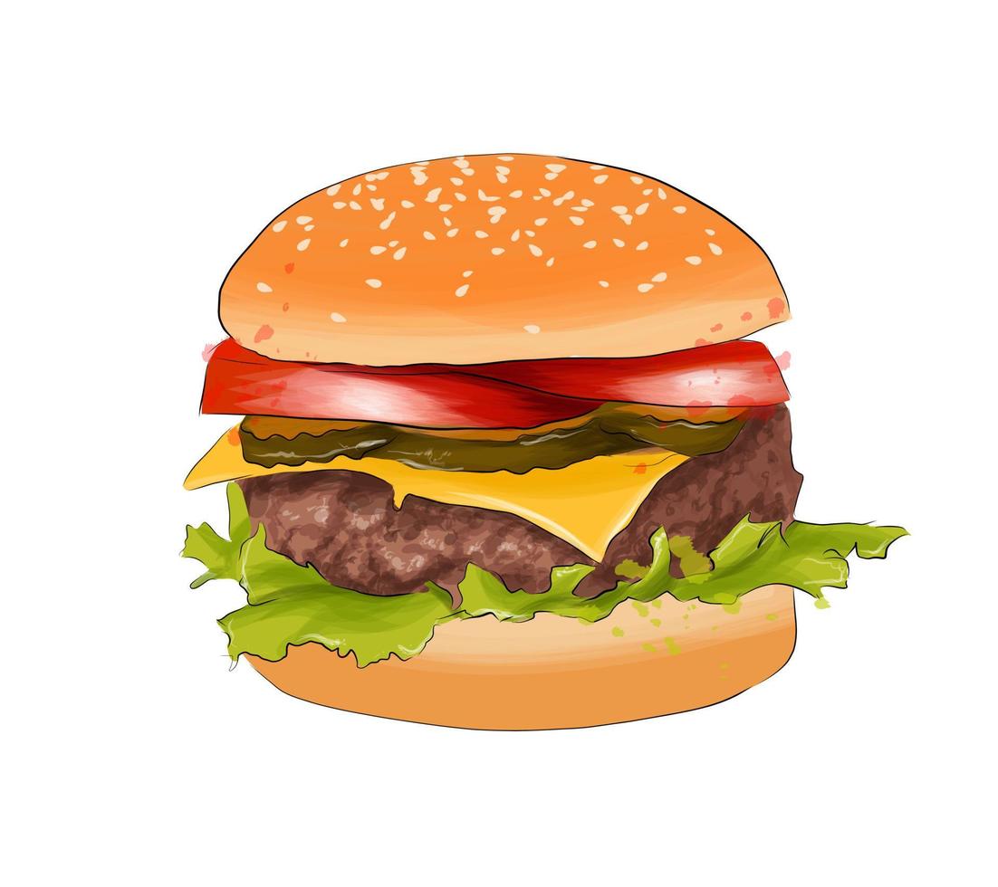 hamburguesa de pinturas multicolores. salpicadura de acuarela, dibujo coloreado, realista. ilustración vectorial de pinturas vector