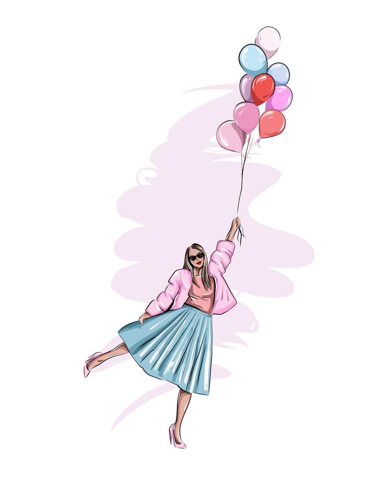 Girl with balloons from multicolored paints. Splash of watercolor, colored drawing, realistic. Stylish girl, beautiful young woman. Vector illustration of paints