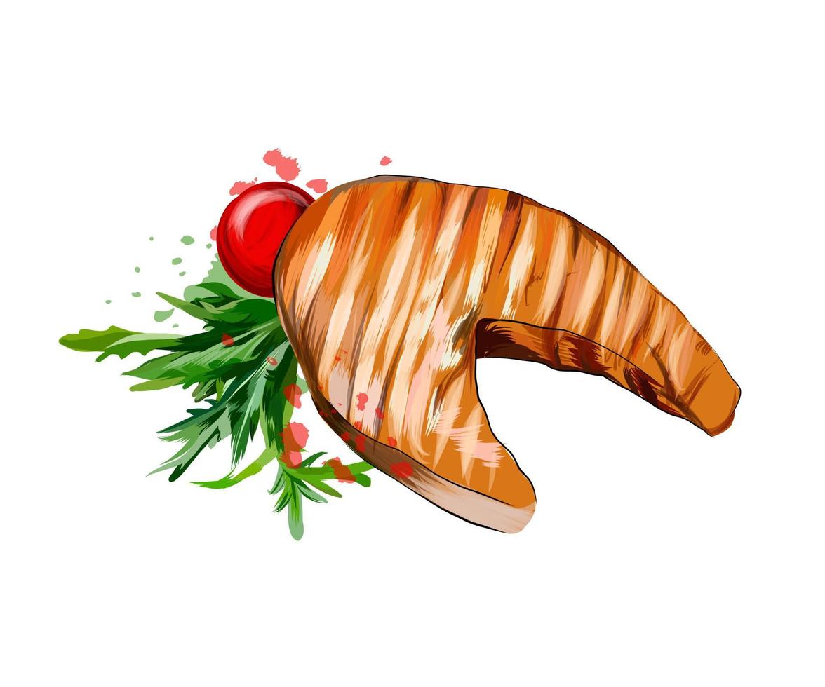 Grilled salmon steak from multicolored paints. Splash of watercolor, colored drawing, realistic. Vector illustration of paints