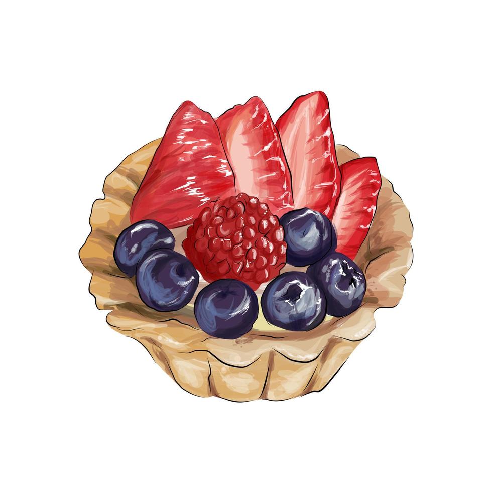 Cake tartlet with fruit, dessert basket with berries from multicolored paints. Splash of watercolor, colored drawing, realistic. Vector illustration of paints