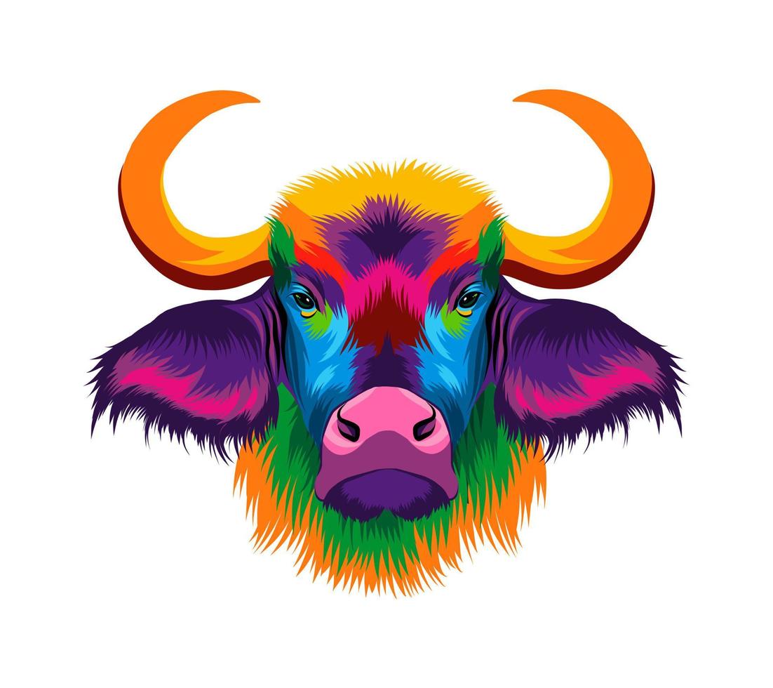 Bison, african buffalo head portrait from multicolored paints. Splash of watercolor, colored drawing, realistic. Vector illustration of paints