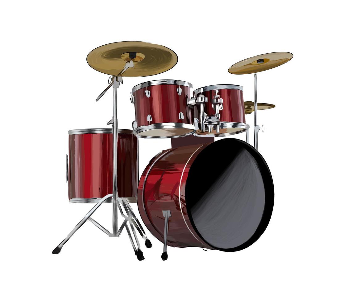Drum kit from multicolored paints. Splash of watercolor, colored drawing, realistic. Vector illustration of paints