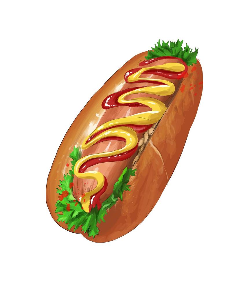 Hot dog, sausage in dough from multicolored paints. Splash of watercolor, colored drawing, realistic. Vector illustration of paints