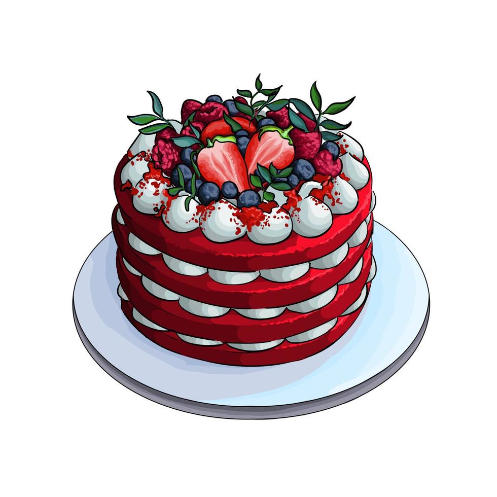 Strawberry cake from multicolored paints. Splash of watercolor, colored drawing, realistic. Vector illustration of paints