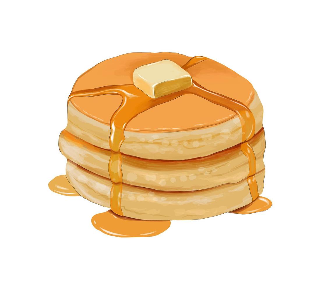 Pancakes with honey from multicolored paints. Splash of watercolor, colorful drawing, realistic. Vector illustration of paints