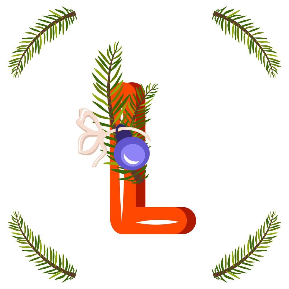 Red letter L with green Christmas tree branch, ball with bow. Festive font for Happy New Year and bright alphabet vector