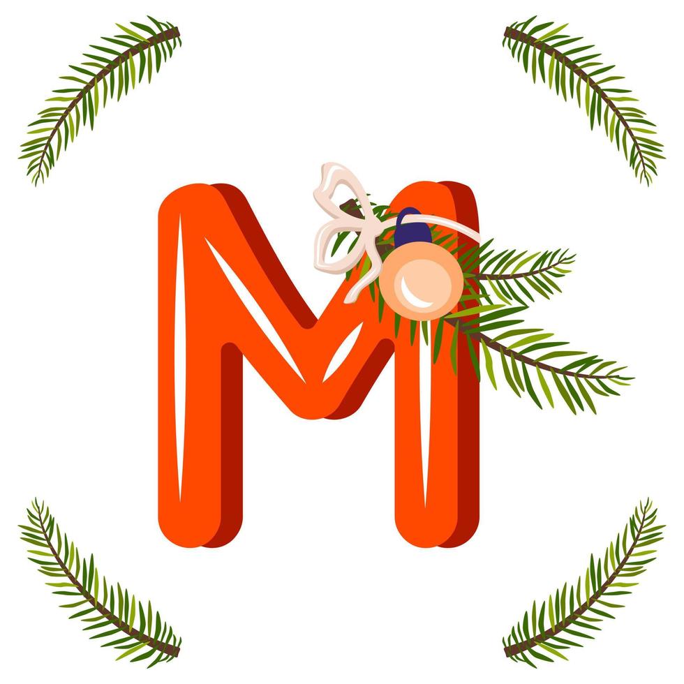 Red letter M with green Christmas tree branch, ball with bow. Festive font for Happy New Year and bright alphabet vector
