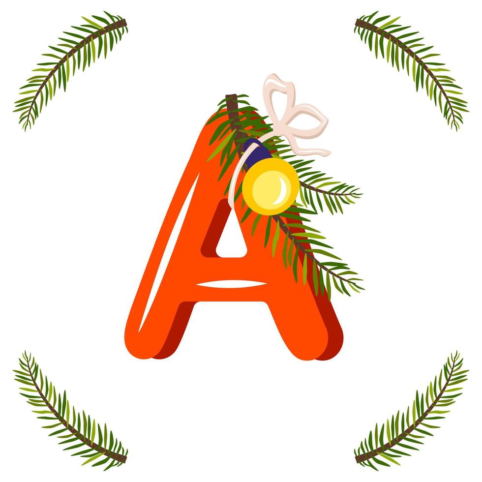 letra a roja con rama de árbol de navidad verde, bola con lazo. fuente festiva para feliz año nuevo y alfabeto brillante vector